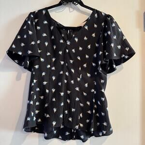 Rebecca Taylor Silk Peplum Blue Floral Top Black Textured Flutter Sleeve Sz 6